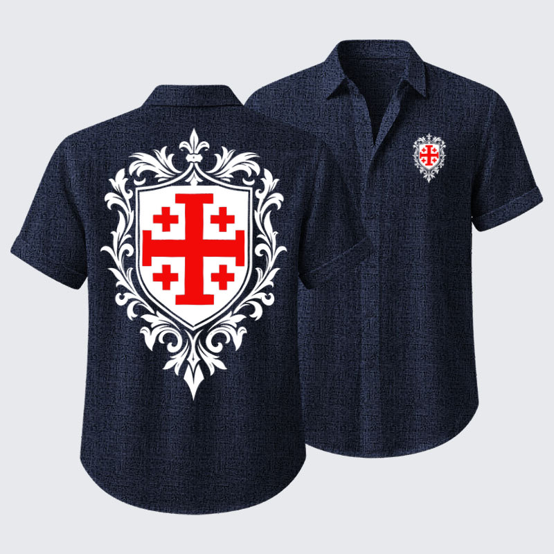 Short Sleeve Casual Shirt - Jerusalem Cross Heraldic Crest
