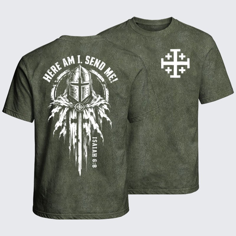 Washed T-Shirt - Here Am I, Send Me – Isaiah 6:8 Christian Knight
