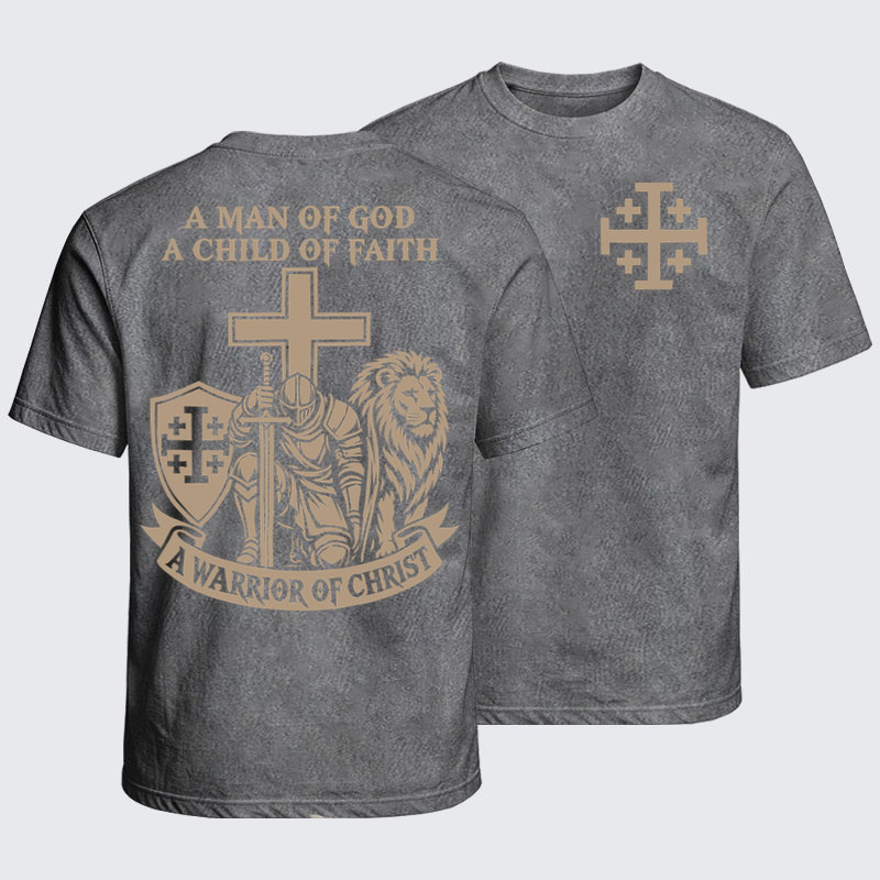 Washed T-Shirt - A Man of God – Christian Warrior Knight & Lion