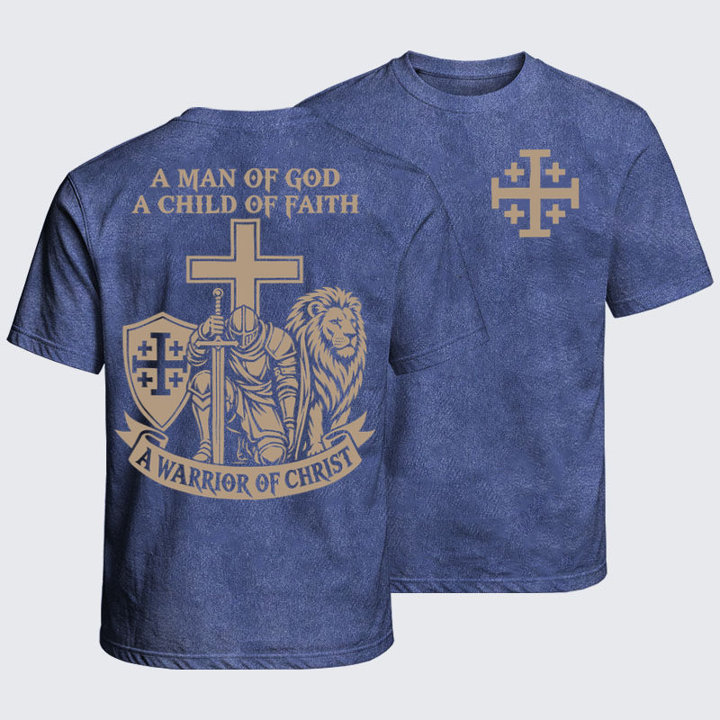 Washed T-Shirt - A Man of God – Christian Warrior Knight & Lion