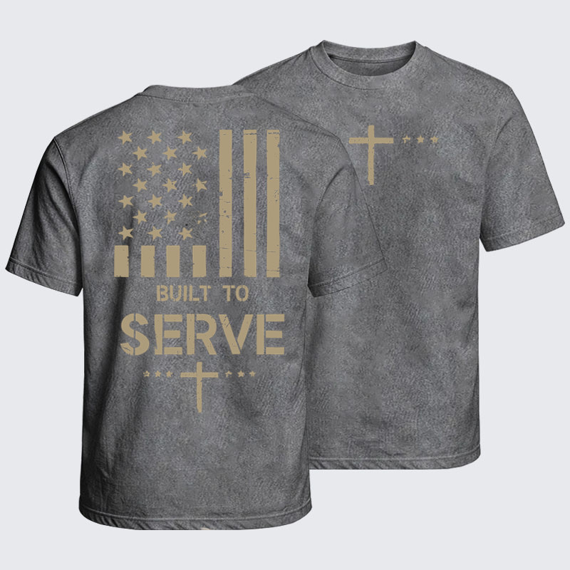 Washed T-Shirts - Built To Serve Flag Cross   