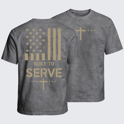 Washed T-Shirts - Built To Serve Flag Cross   