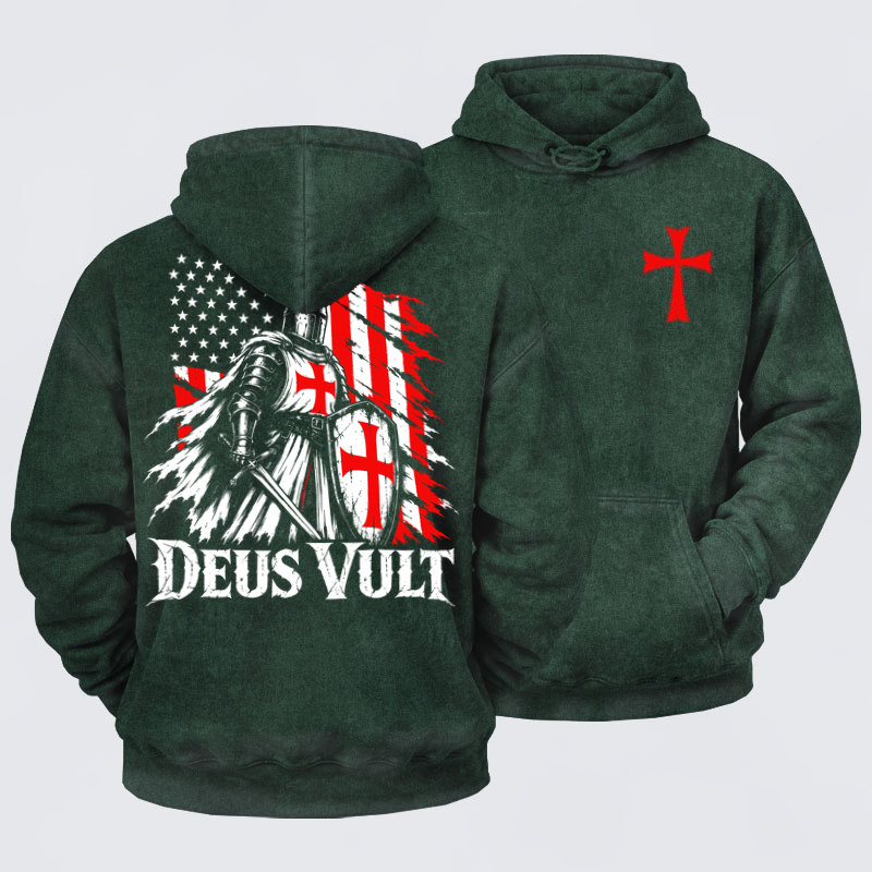 Washed Hoodies  - Deus Vult – American Crusader Christian Knight
