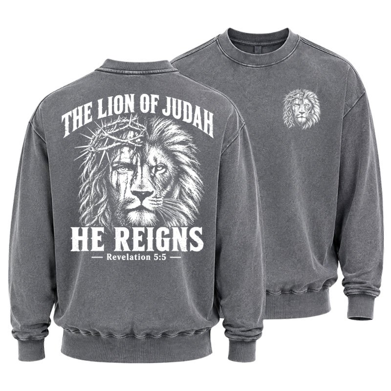Washed Sweatshirt - The Lion of Judah – He Reigns