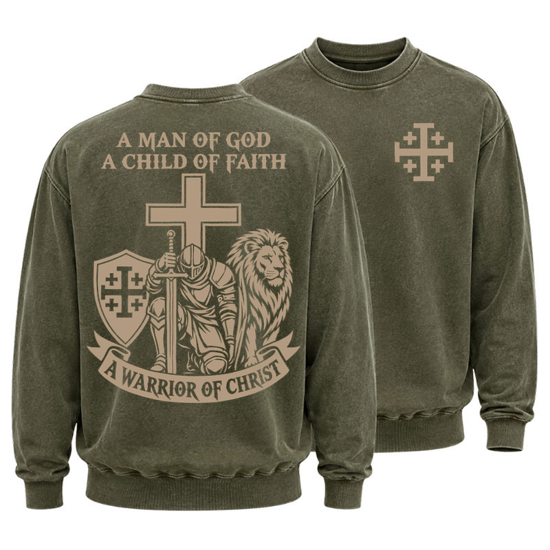Washed Sweatshirt - A Man of God – Christian Warrior Knight & Lion