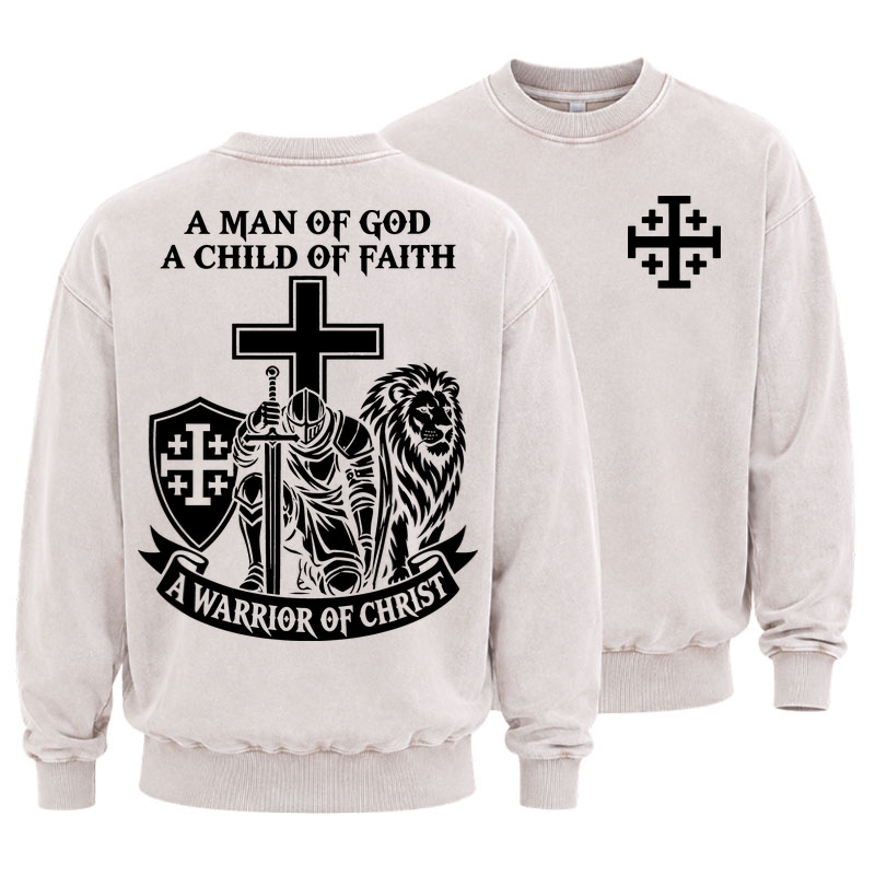 Washed Sweatshirt - A Man of God – Christian Warrior Knight & Lion