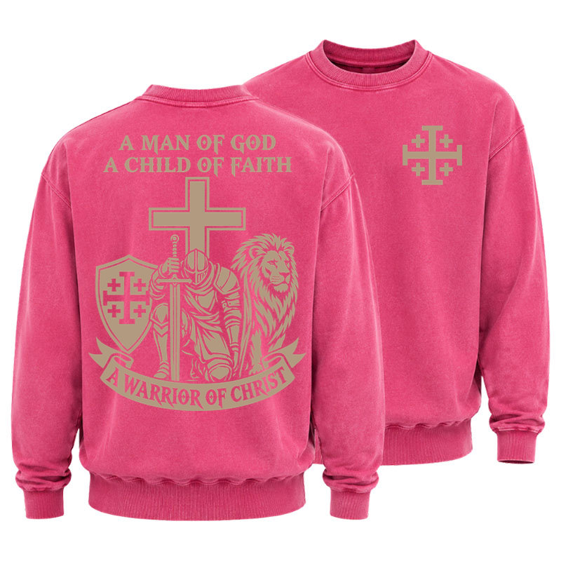 Washed Sweatshirt - A Man of God – Christian Warrior Knight & Lion