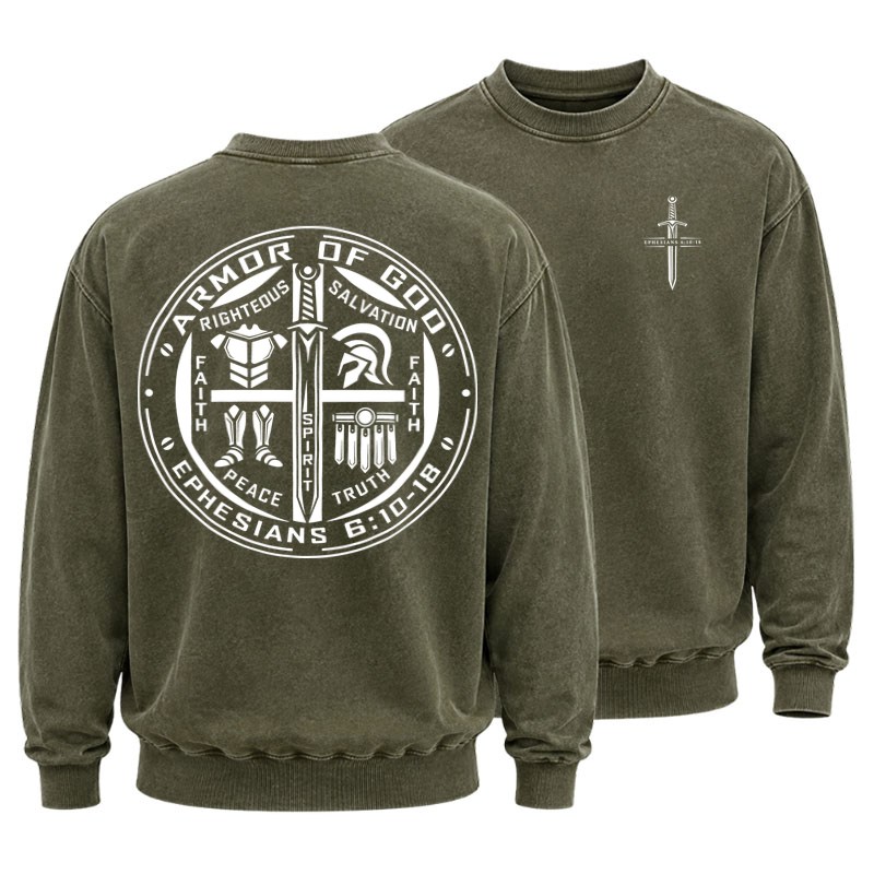 Washed Sweatshirt - Armor of God – Ephesians 6:10–18 Christian Warrior