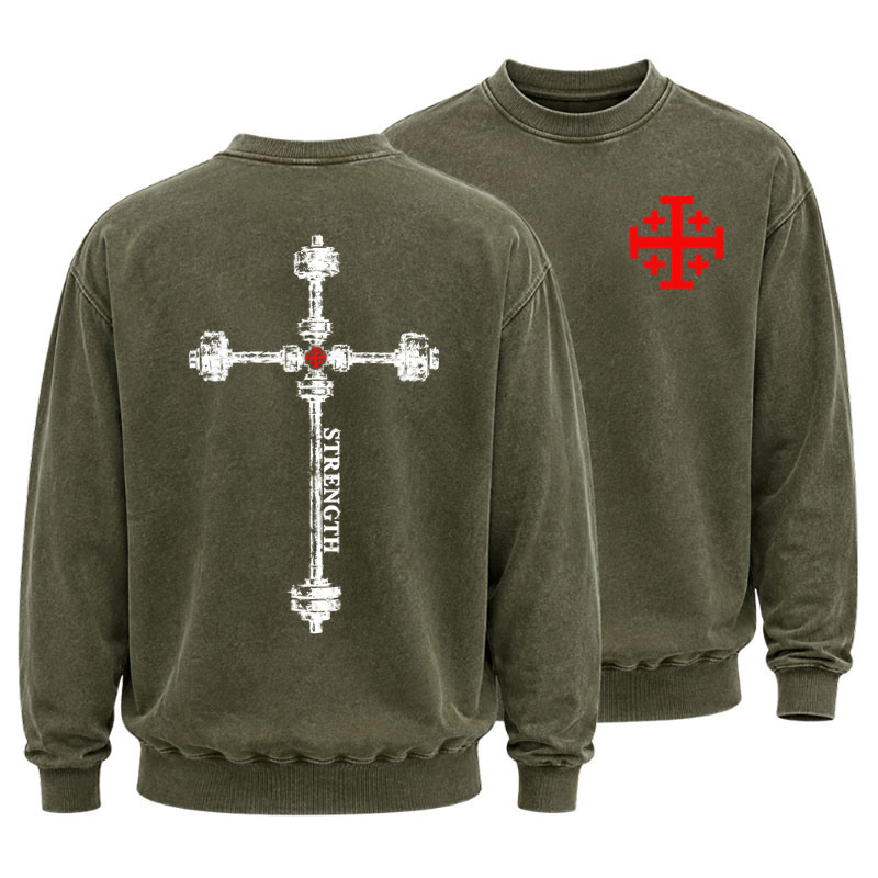 Washed Sweatshirt - Strength in the Lord – Christian Gym Jerusalem Cross 