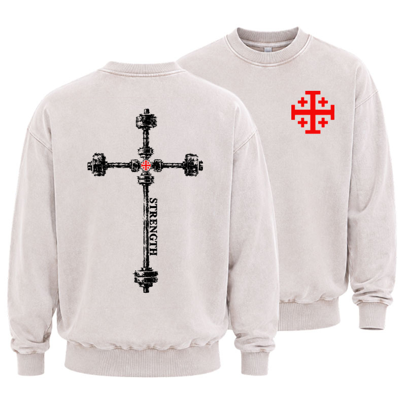 Washed Sweatshirt - Strength in the Lord – Christian Gym Jerusalem Cross 