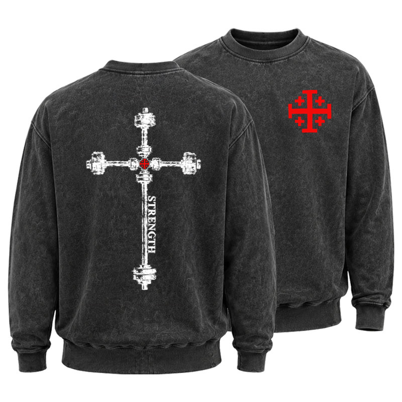 Washed Sweatshirt - Strength in the Lord – Christian Gym Jerusalem Cross 