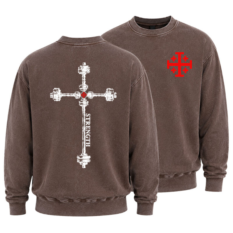 Washed Sweatshirt - Strength in the Lord – Christian Gym Jerusalem Cross 