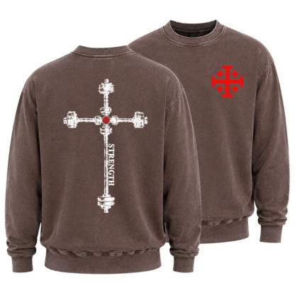 Washed Sweatshirt - Strength in the Lord – Christian Gym Jerusalem Cross 