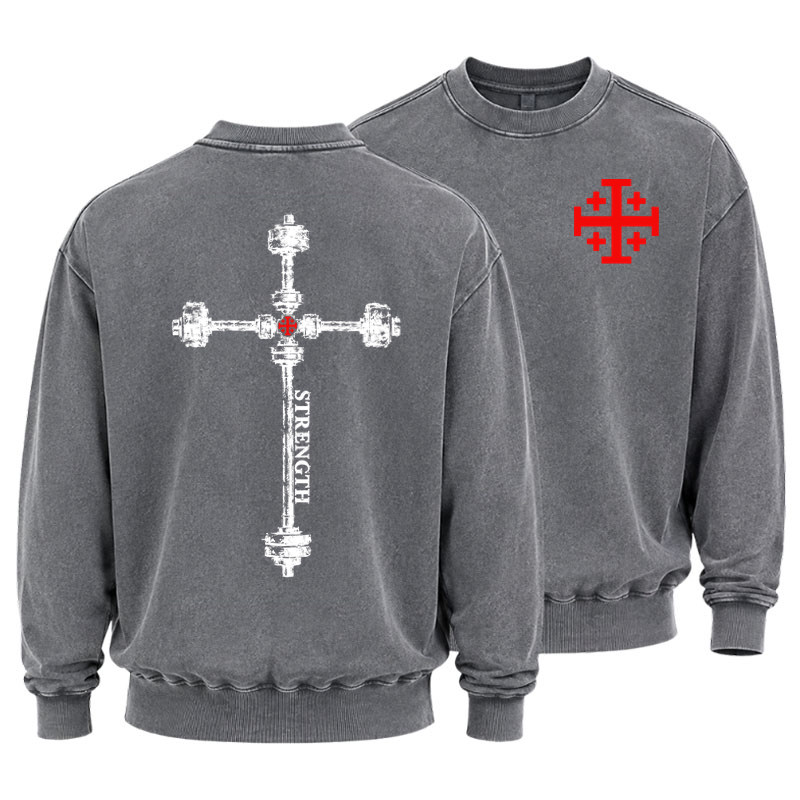 Washed Sweatshirt - Strength in the Lord – Christian Gym Jerusalem Cross 