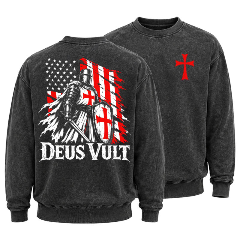 Washed Sweatshirt - Deus Vult – American Crusader Christian Knight