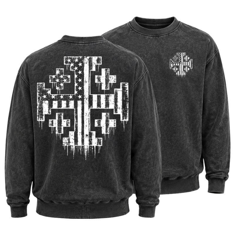 Washed Sweatshirt - American Flag Jerusalem Cross – Christian Patriot