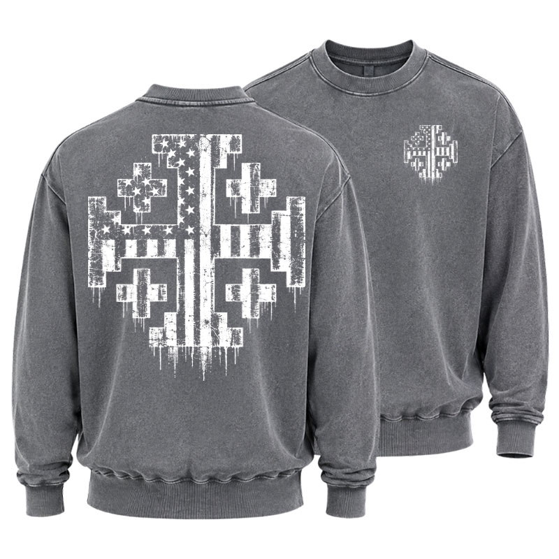 Washed Sweatshirt - American Flag Jerusalem Cross – Christian Patriot