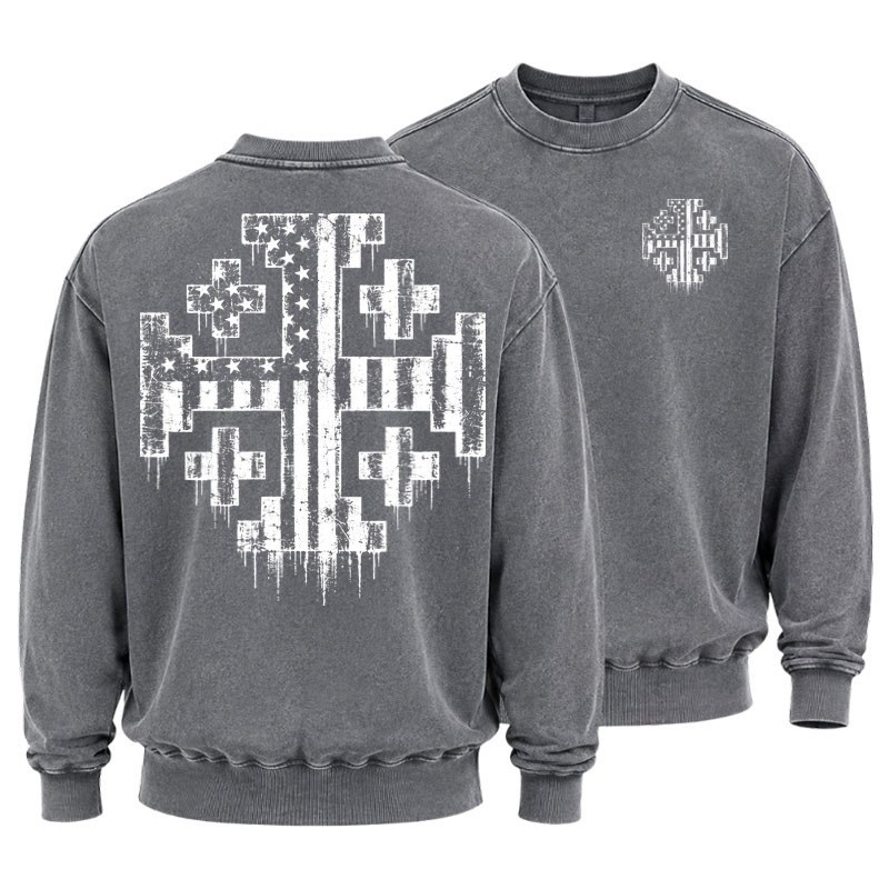 Washed Sweatshirt - American Flag Jerusalem Cross – Christian Patriot