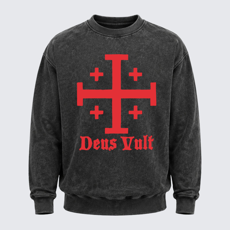 Washed Sweatshirt - Jerusalem Cross Deus Vult   