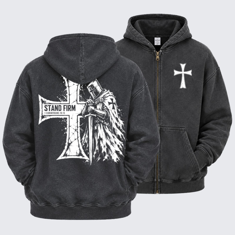 Washed Zip-Up Hoodie – Stand Firm – 1 Corinthians 16:13 Christian Knight