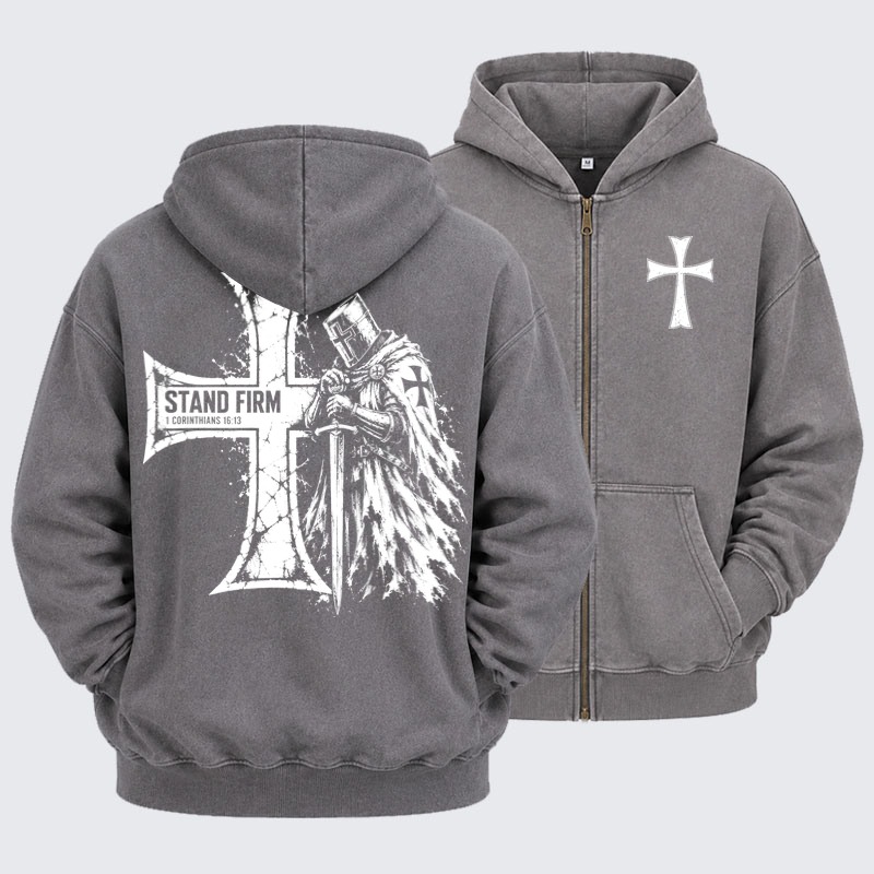 Washed Zip-Up Hoodie – Stand Firm – 1 Corinthians 16:13 Christian Knight