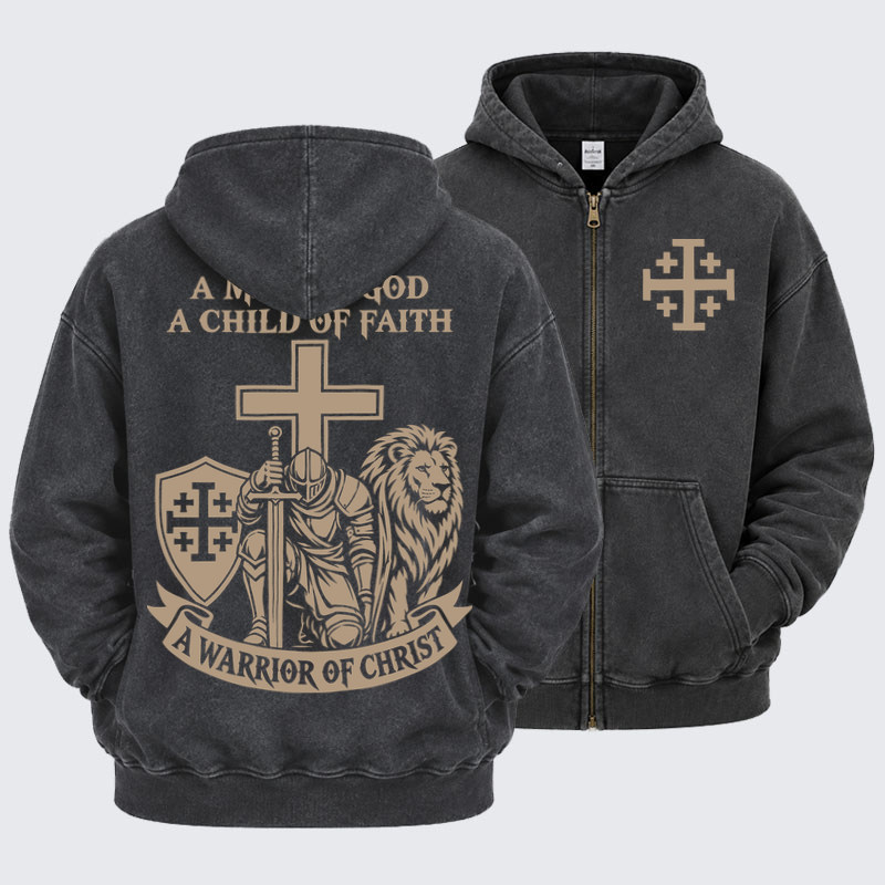 Washed Zip-Up Hoodie  – A Man of God – Christian Warrior Knight & Lion