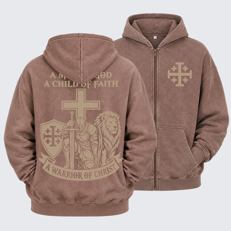 Washed Zip-Up Hoodie  – A Man of God – Christian Warrior Knight & Lion