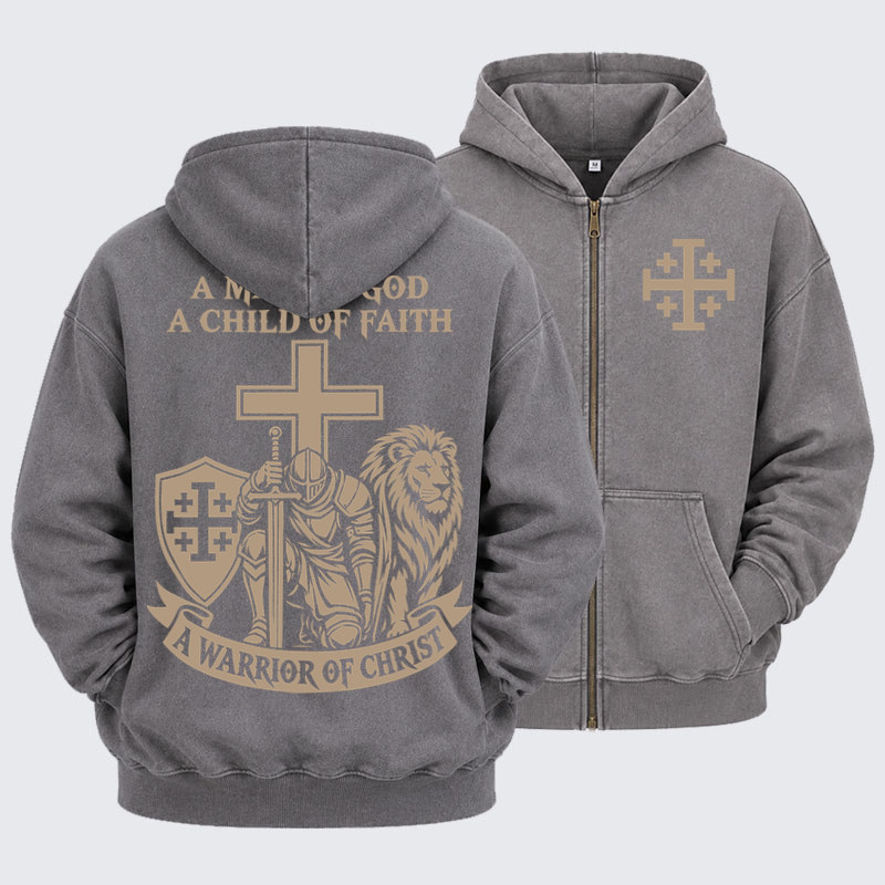 Washed Zip-Up Hoodie  – A Man of God – Christian Warrior Knight & Lion