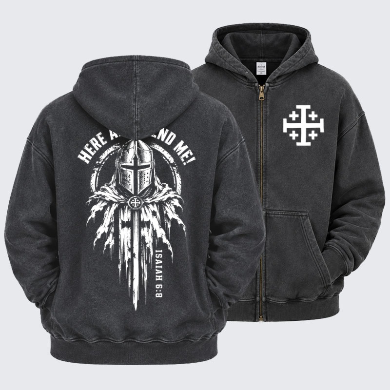 Washed Zip-Up Hoodie  – Here Am I, Send Me – Isaiah 6:8 Christian Knight