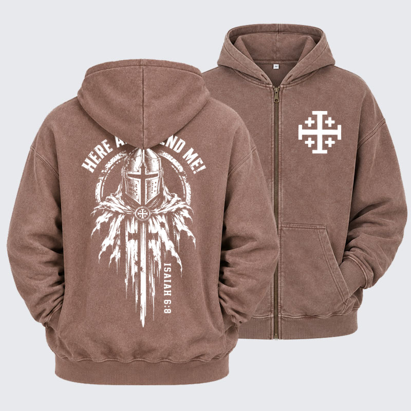 Washed Zip-Up Hoodie  – Here Am I, Send Me – Isaiah 6:8 Christian Knight