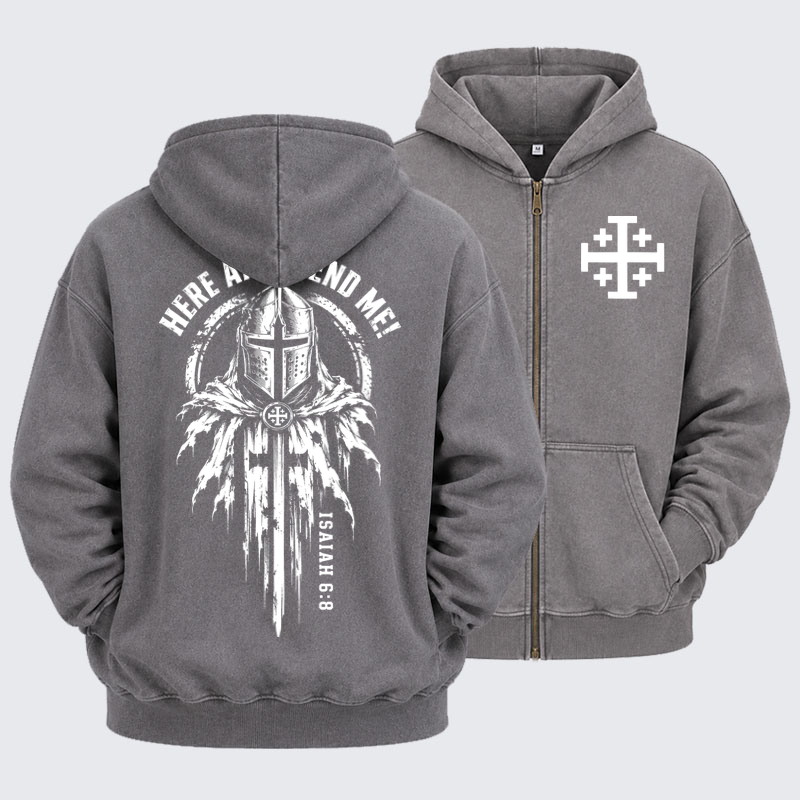 Washed Zip-Up Hoodie  – Here Am I, Send Me – Isaiah 6:8 Christian Knight