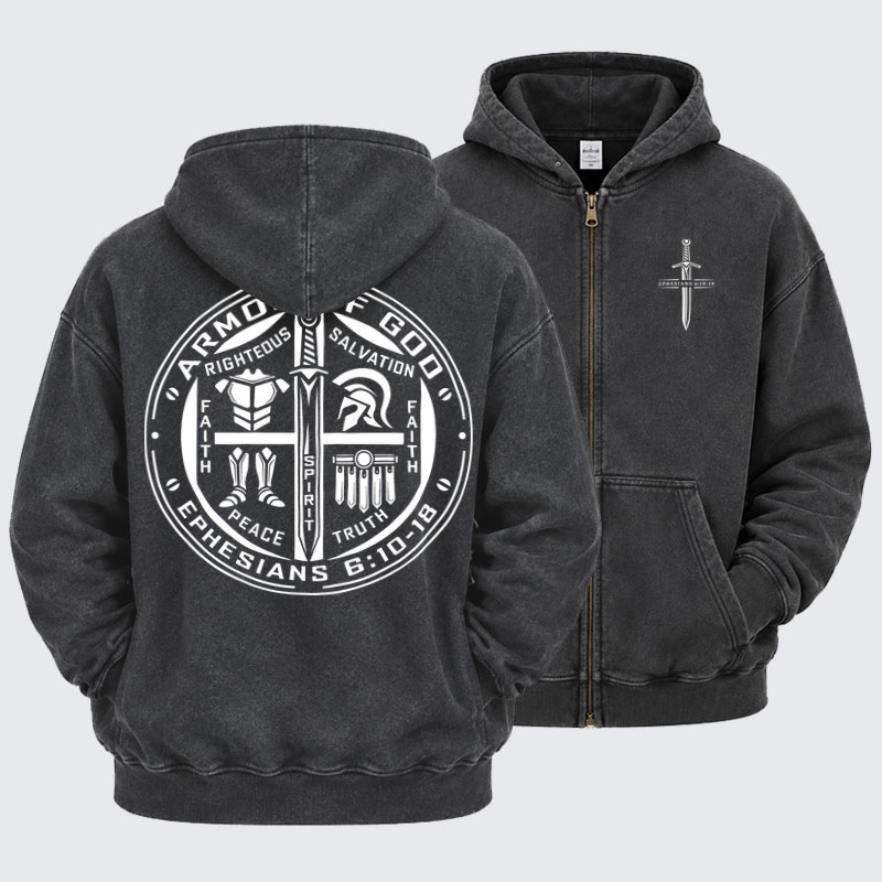 Washed Zip-Up Hoodie – Armor of God – Ephesians 6:10–18 Christian Warrior