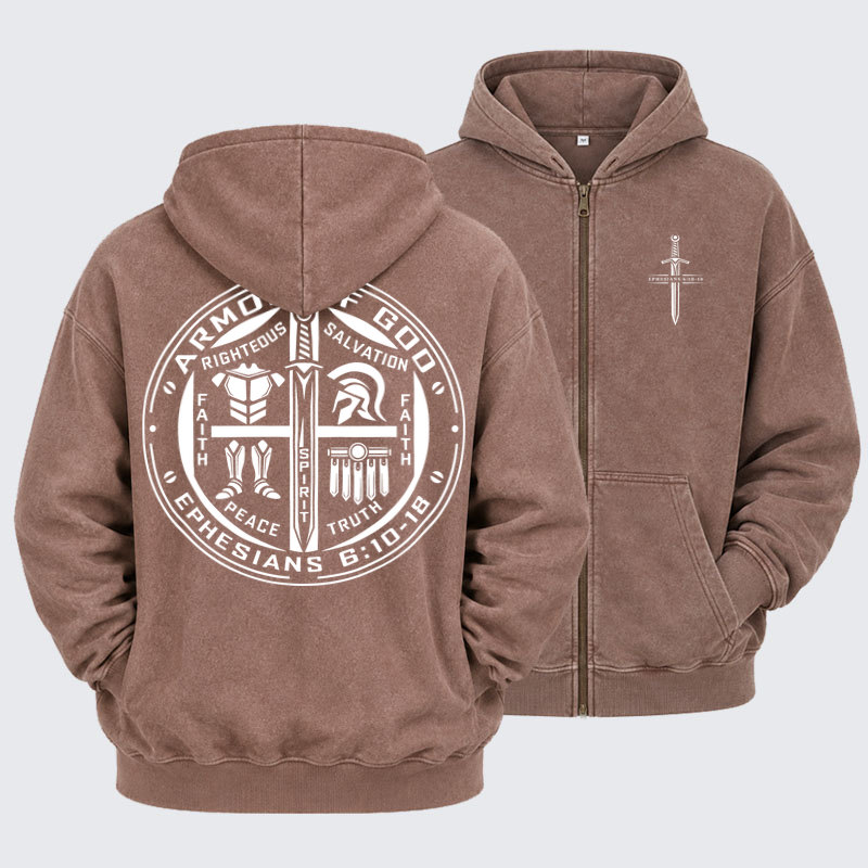 Washed Zip-Up Hoodie – Armor of God – Ephesians 6:10–18 Christian Warrior