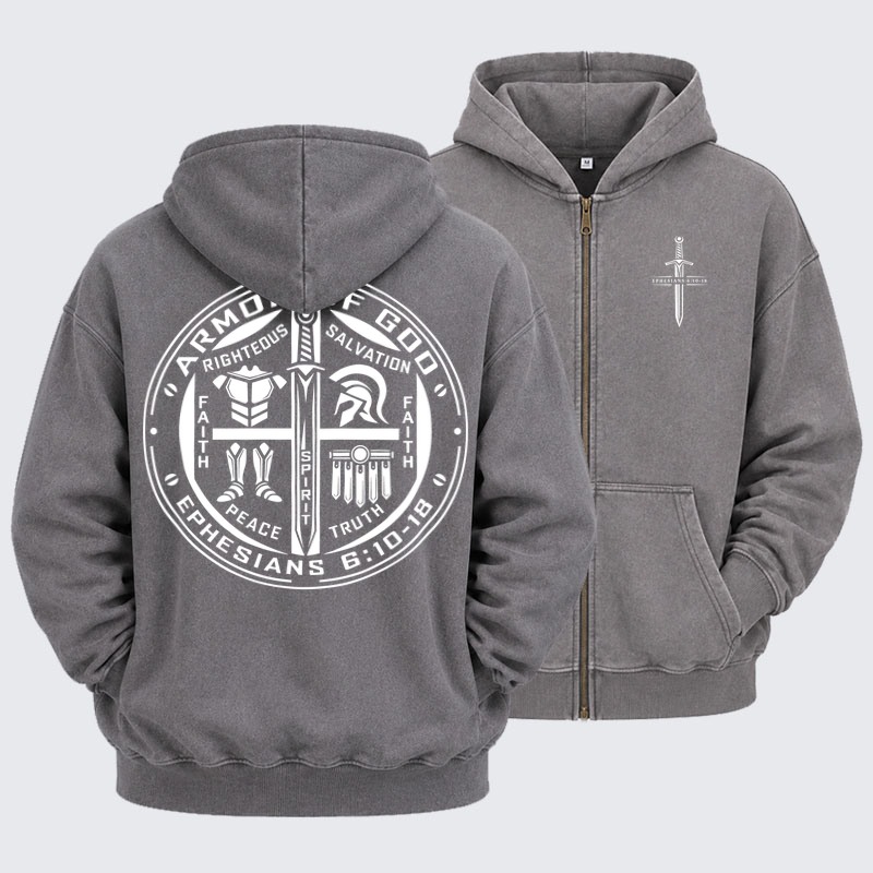 Washed Zip-Up Hoodie – Armor of God – Ephesians 6:10–18 Christian Warrior