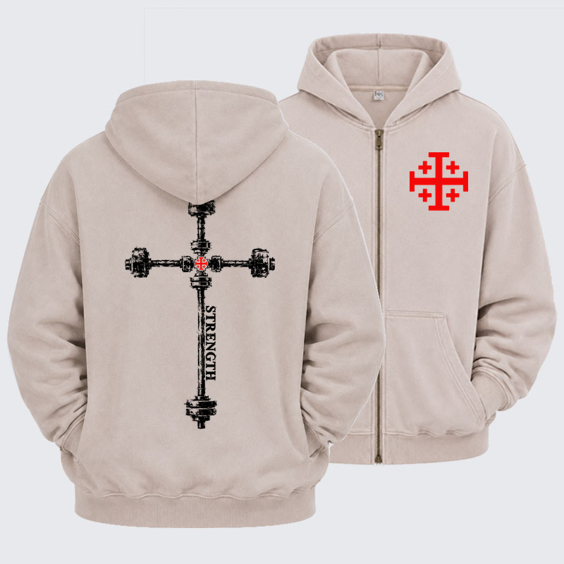 Washed Zip-Up Hoodie – Strength in the Lord – Christian Gym Jerusalem Cross