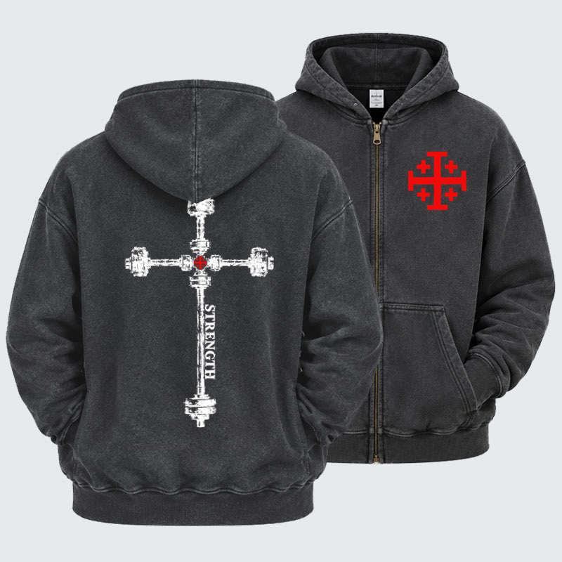 Washed Zip-Up Hoodie – Strength in the Lord – Christian Gym Jerusalem Cross