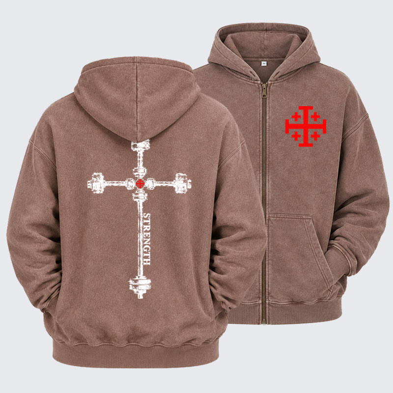 Washed Zip-Up Hoodie – Strength in the Lord – Christian Gym Jerusalem Cross