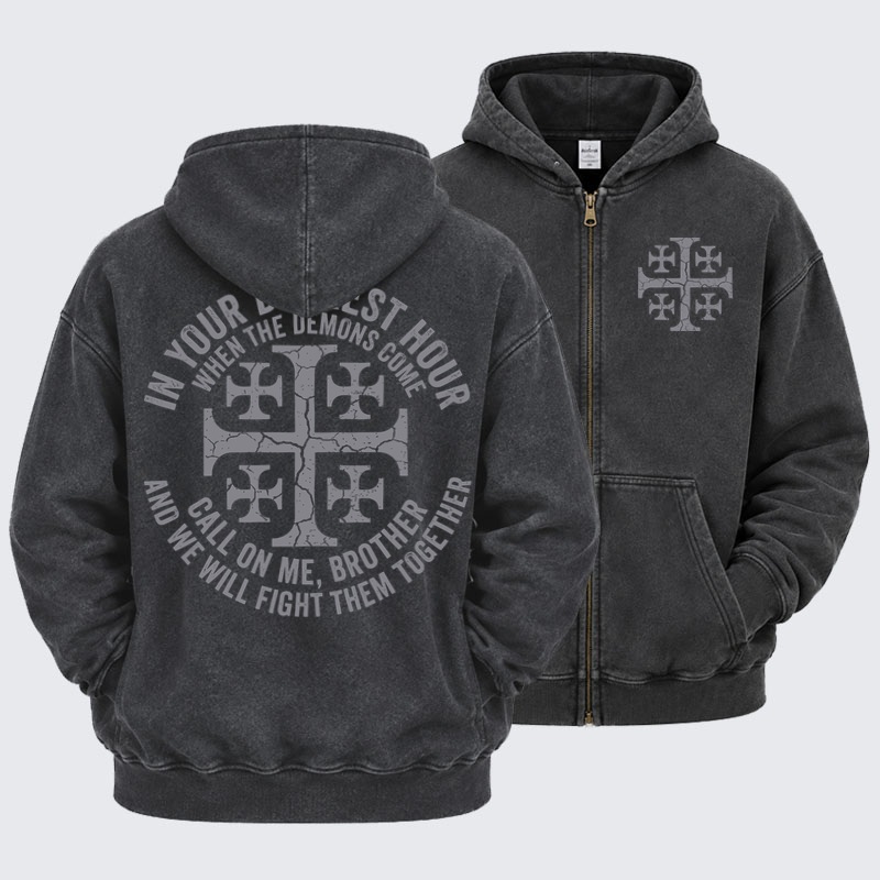 Washed Zip-Up Hoodie – Call On Me Brother – Knights of Faith