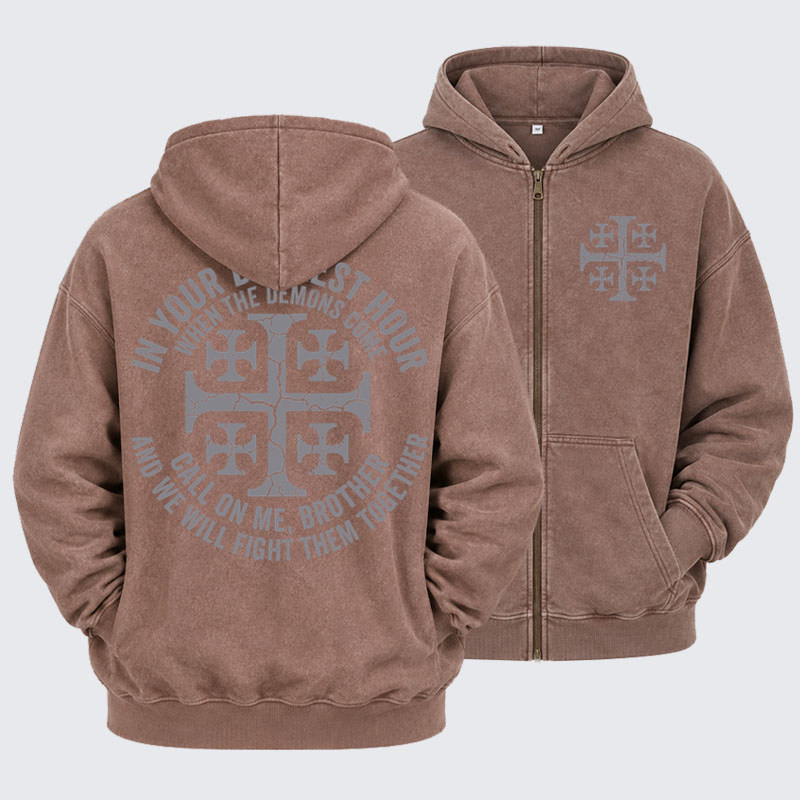 Washed Zip-Up Hoodie – Call On Me Brother – Knights of Faith