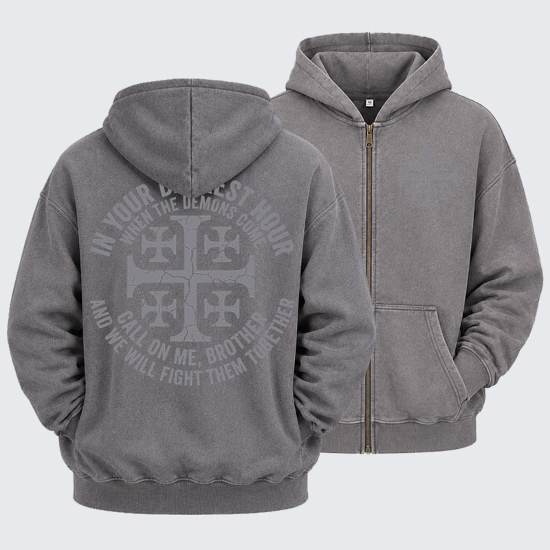 Washed Zip-Up Hoodie – Call On Me Brother – Knights of Faith