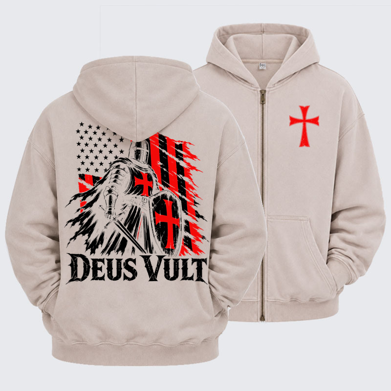Washed Zip-Up Hoodie – Deus Vult – American Crusader Christian Knight