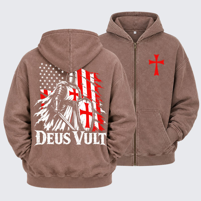 Washed Zip-Up Hoodie – Deus Vult – American Crusader Christian Knight
