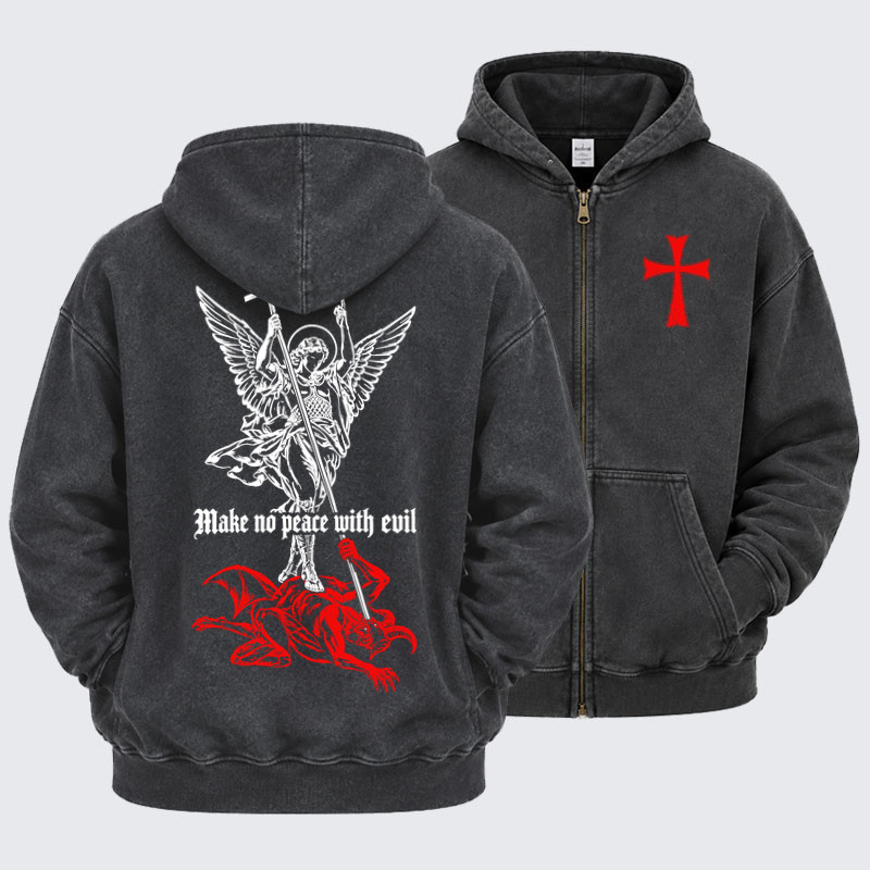Washed Zip-Up Hoodie – Make No Peace with Evil – Saint Michael