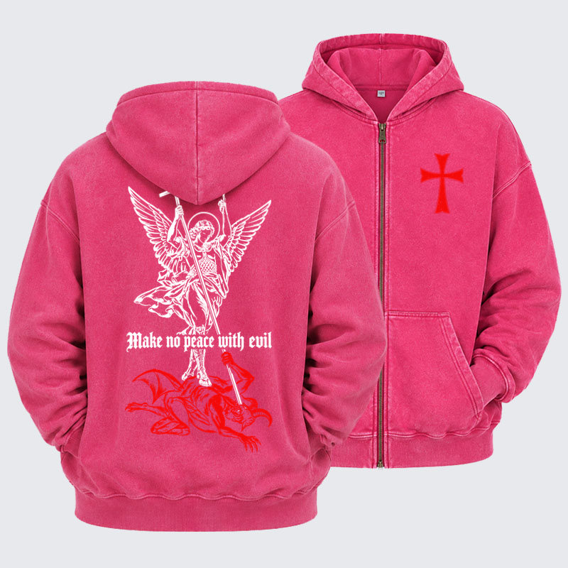 Washed Zip-Up Hoodie – Make No Peace with Evil – Saint Michael
