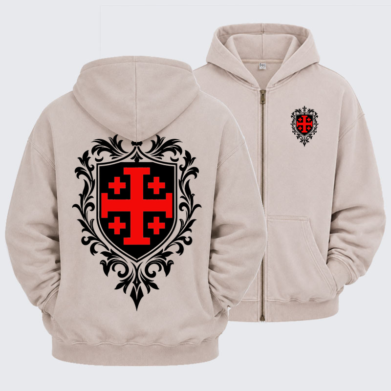 Washed Zip-Up Hoodie – Jerusalem Cross Heraldic Crest