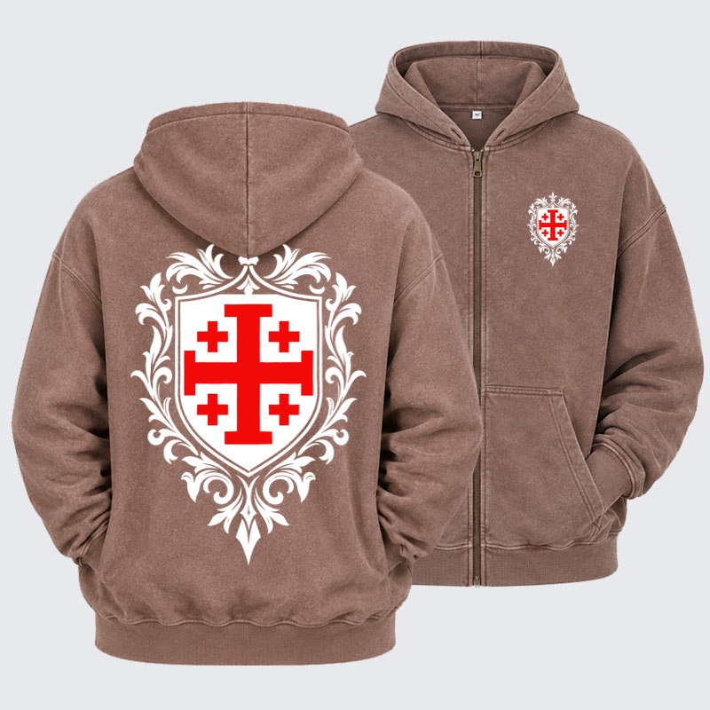 Washed Zip-Up Hoodie – Jerusalem Cross Heraldic Crest
