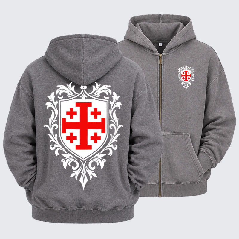 Washed Zip-Up Hoodie – Jerusalem Cross Heraldic Crest