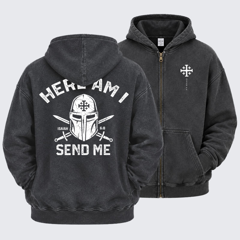 Washed Zip-Up Hoodie –Here Am I Send Me