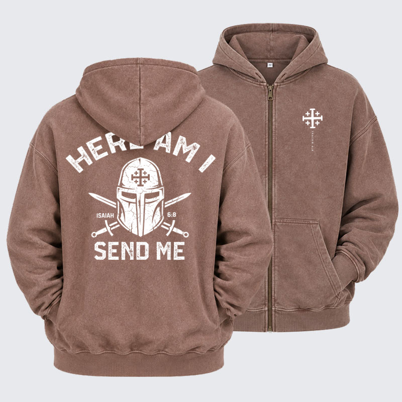 Washed Zip-Up Hoodie –Here Am I Send Me
