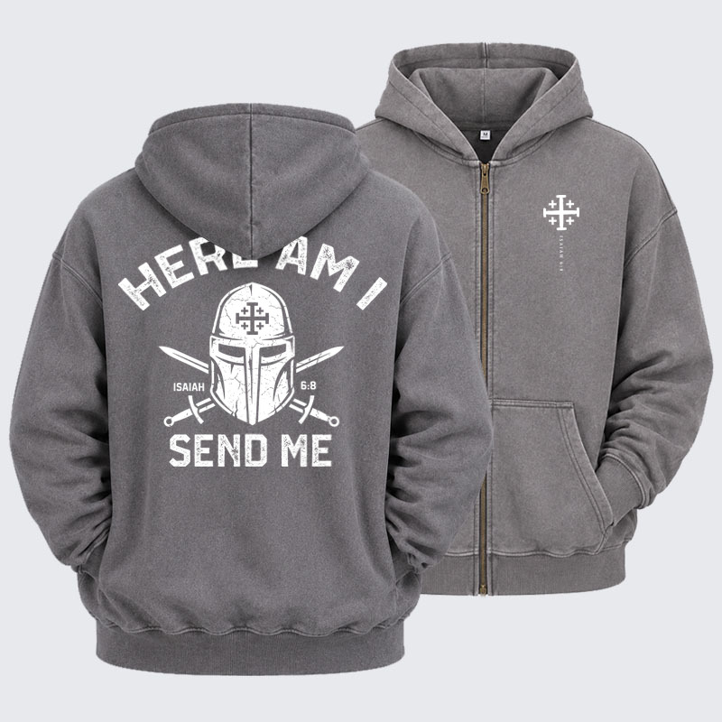 Washed Zip-Up Hoodie –Here Am I Send Me